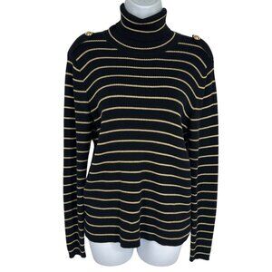 Lauren Ralph Lauren Black & Gold Striped Turtleneck W/ Shoulder Buttons Size L